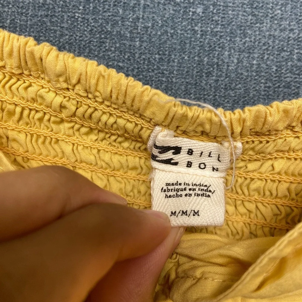 Billabong Mini Sundress Girls Medium Yellow Pleated Puff Sleeve Smocked Back